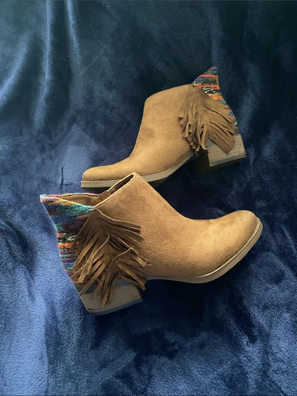 Not Rated Brown Suede Fringe Ankle Boots with Colorful Woven Accent